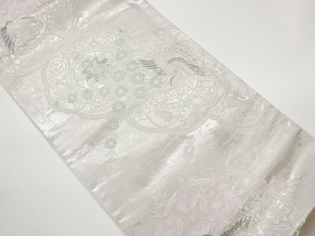 プラチナ箔華文に花葉・鳥模様織出し袋帯